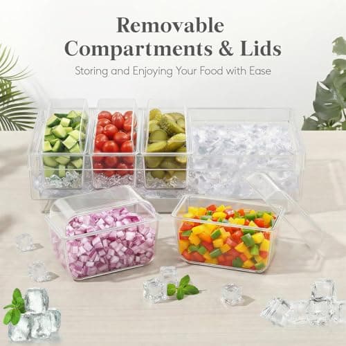 Lifewit Chilled Condiment Containers with Lids, Plastic Taco Bar Serving Set for Party with 5 Containers, Ice Garnish Tray for Mimosa Bar Supplies, Clear Serving Platter for Fruit, Salad, Snack — view 6
