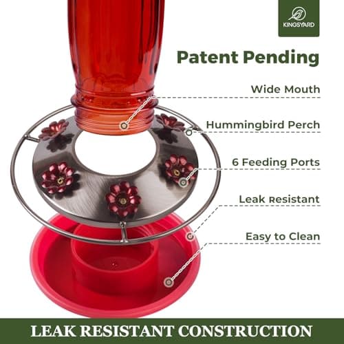 Kingsyard Glass Hummingbird Feeder for Outdoors Wild Bird Feeder with 6 Feeding Ports Hanging for Garden Yard, Red (Ant Moat Included) — view 3