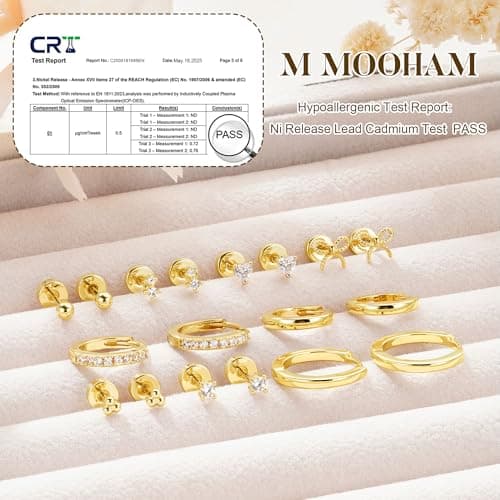 M MOOHAM Hypoallergenic Flat Back Earring Stack for Women Teen Girls, 14K Gold Plated Small Huggie Hoop Earrings Trendy Dainty Gold Cartilage Stud Earring Stacks Set Jewelry Gifts for Women Girls — view 2
