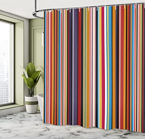 Ambesonne Abstract Shower Curtain, Vibrant Colored Stripes Vertical Pattern Funky a Modern Tile Illustration, Cloth Fabric Home Bathroom Art for Bath Decor Set with Hooks, 69" W x 70" L, Orange Purple — view 3