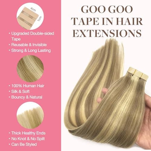 GOO GOO Tape in Hair Extensions Human Hair for Women Light Blonde and Golden Blonde Hair Extensions Real Human Hair Seamless Invisible Hair Extension Tape 20pcs 50g 20inch