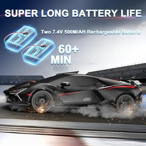 Remote Control Car RC Drift Car 1:16 Scale 4WD 18KM/H High Speed Model Vehicle 2.4GHz LED Lights Spray Rubber Tire Racing Sport Toy for Adults Boys Girls Kids Gift 2Pcs Rechargeable Batteries (Black) — view 3