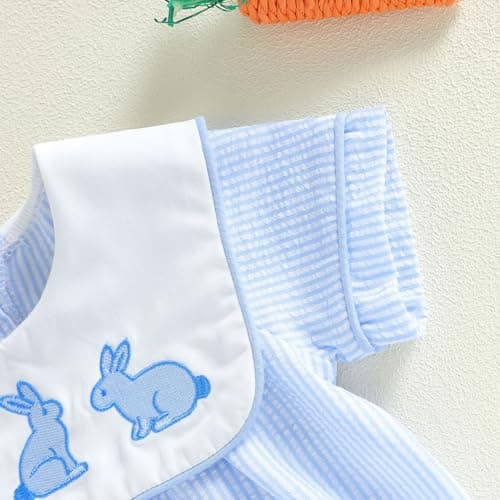 Baby Boy Easter Romper Clothes Short Sleeve Bunny Embroidery Jumpsuit Newborn Playsuit Outfits (Blue, 0-3 Months) — view 3