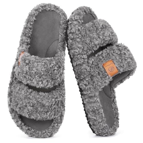 EverFoams Womens Fuzzy Open-toe Slippers Soft Comfy Memory Foam Indoor House Shoes Cool Gray,5-6 US