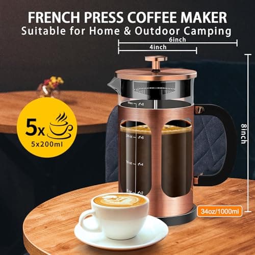 YMMIND French Press Coffee Maker (34oz 1Quart 5-6Cup) Coffee Press, with 4 Filters System, Heat Resistant Thickness Borosilicate Glass, Cold Brew Coffee Tea Pot Gifts (Copper) — view 4