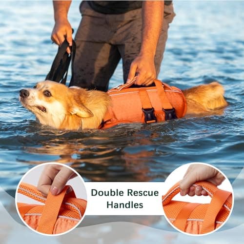 Kuoser Dog Life Jacket High Flotation, Reflective Dogs Life Vest for Swimming Boating, Adjustable Small Medium Large Dog lifejacket, Lightweight Dogs Life Preserver Rescue Handle Spring Summer Pool — view 5