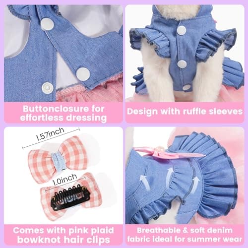SIMCAPY Dog Dress, Fashion Puppy Tutu Princess Dresses for Small Dogs Girl, Sweet Skirt with Dog Bowknot Clips, Spring Dog Cat Clothes Pet Apparel (Denim Princess Dress, Small) — view 4