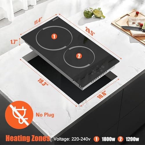 Jessier Electric Cooktop 12 Inch - 2 Burner Countertop & Built-in Ceramic Cooktop, Electric Stove Top with Glass Protection Metal Frame, 9 Heating Level, 3000W, 220-240V Hard Wire(No Plug) — view 5