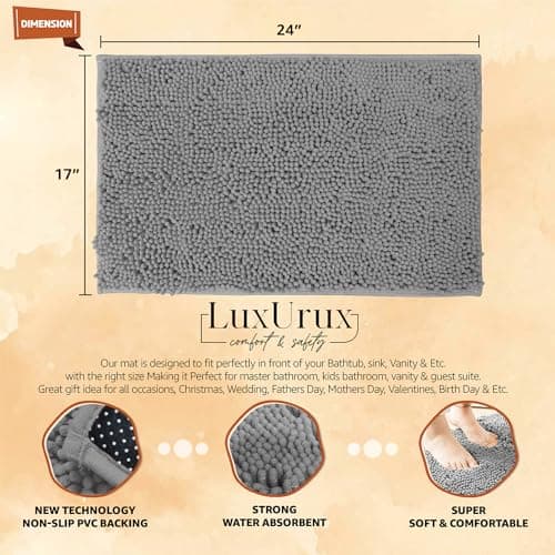 Bath Mat by LuxUrux, Extra-Soft Plush Non-Slip Bathroom Rug, Luxury Chenille Microfiber Material, Super Absorbent Shaggy Bath Rug. Machine Wash & Dry (15 x 23, Light Grey)