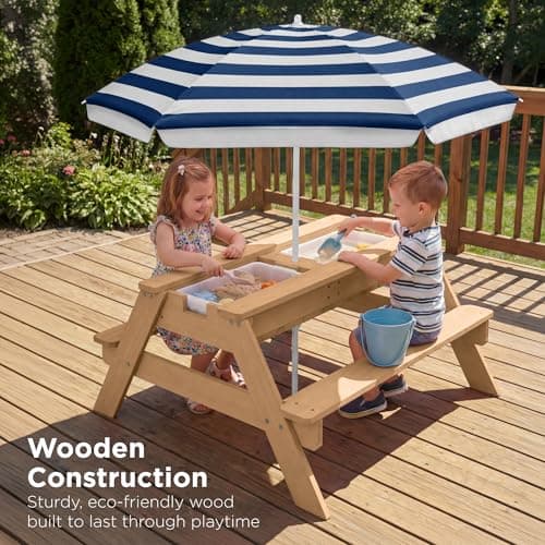 Best Choice Products Kids Picnic Table with Umbrella, 3-in-1 Sand & Water Table, Outdoor Convertible Picnic Table for Toddlers, Seats 4, Removable Top, 2 Buckets - Navy — view 4