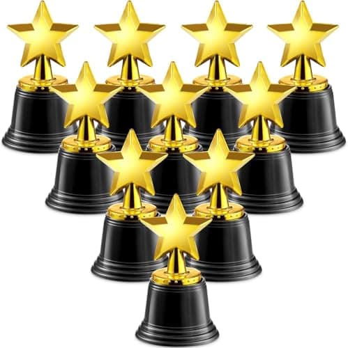Star Trophy Awards - Pack of 12 Bulk - 4.5 Inch, Gold Award Trophies for Kids Party Favors, Props, Rewards, Winning Prizes, Competitions for Kids and Adults
