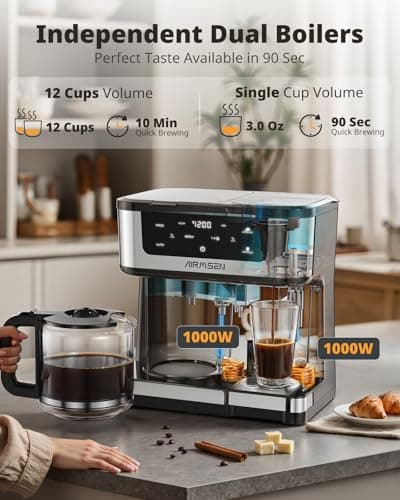 AIRMSEN 12-Cup Programmable Dual Coffee Maker – Single Serve Machine for K-Cup Pods & Ground, 1000W Fast Brew, Delay Start, 2H Keep Warm, Touchscreen, 60oz Tank, Glass Carafe – Home & Office — view 4
