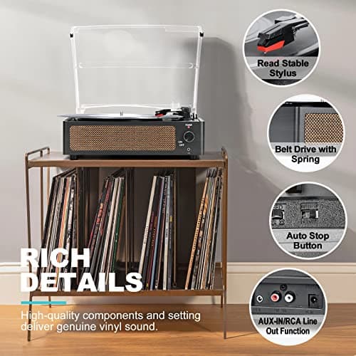 Vinyl Record Player with Speaker Vintage Turntable for Vinyl Records, Belt-Driven Turntable Support 3-Speed, Wireless Playback, Headphone, AUX-in, RCA Line LP Vinyl Players for Sound Enjoyment Black — view 3