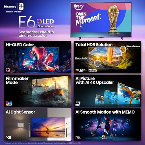 Hisense 65" E6 Cinema Series Hi-QLED 4K UHD Smart Fire TV (65E6QF) -AI Light Sensor, Dolby Vision · Atmos, Voice Remote with Alexa, Motion Rate 120, HDR 10+ Adaptive, Game Mode Plus — view 3