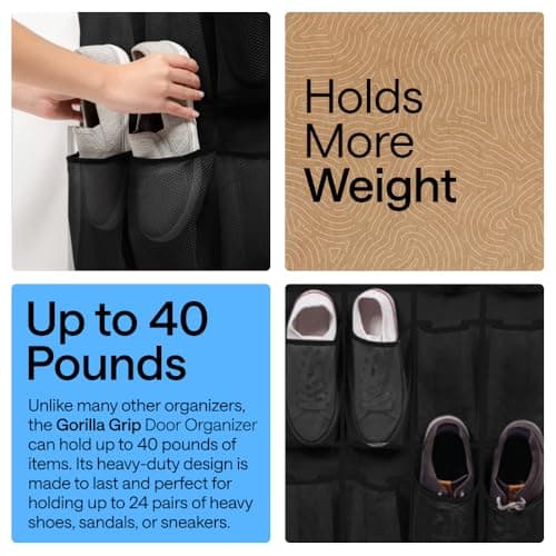 GORILLA GRIP Over the Door Shoe Organizer, 24 Large Breathable Mesh Pockets, Space Saving Hanging Storage Holder, Closet Rack Hanger Holds Up to 40 lbs, Hangs on Closets for Shoes, Accessories, Black — view 2