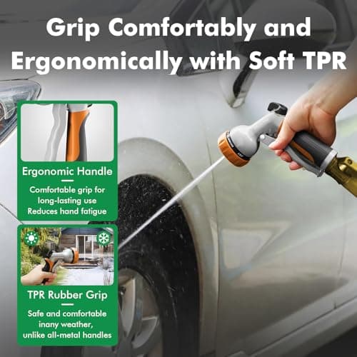 RESTMO Garden Hose Nozzle, Heavy Duty Metal Water Hose Nozzle with 7 Adjustable Spray Patterns, High Pressure Hand Sprayer with Flow Control, Best for Watering Plant & Lawn, Washing Car & Pet, Orange — view 5