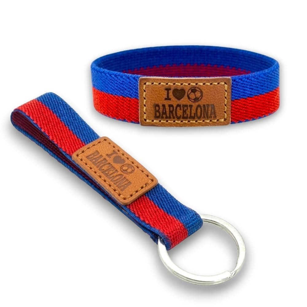 BDM Pulsera y Llavero Barcelona Azulgrana Futbol| Tela Elástica con Parche de Cuero "I Love Barcelona" | Tallas 16-18 cm y 18-20 cm | Pack o Individual