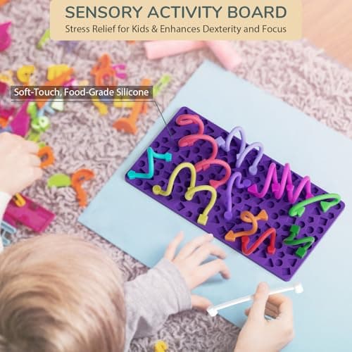 Sensory Activity Board for Kids Boys Girls, Fidget Toys for Stress Anxiety Autistic ADHD, Calm Down Travel Airplane Essentials Toys for 3+ Year Old, Portable Travel Storage Box & 14 Strings