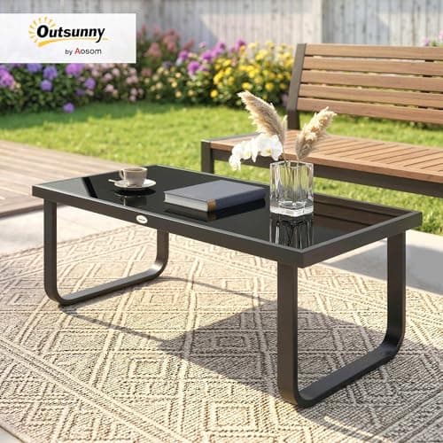 Outsunny Outdoor Patio Coffee Table, Rectangle Metal Side Table with Tempered Glass Tabletop, Adjustable Foot Pads for Deck, Balcony, Lawn, Black — view 2