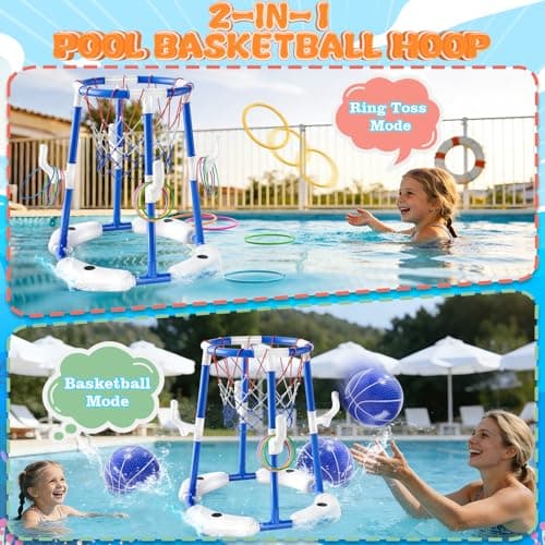 Pool Basketball Hoop,2-in-1 Floating Pool Basketball Toys with 4 Balls,12 Rings&Pump, Basketball & Ring Toss Swimming Pool Games, Summer Outdoor Water Play Toy for Kids 4-8 8-12,Blue — view 2