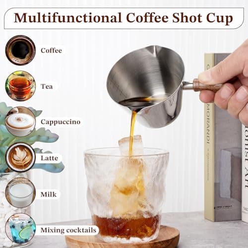 Amrules Espresso Cup, 6.8 oz/200 ml Stainless Steel Coffee Shot Measuring Cup with Wood Handle, Double V-Shaped Mouth and Clear Scale for Cappuccino Barista Coffee Bar Accessories, Silver — view 5