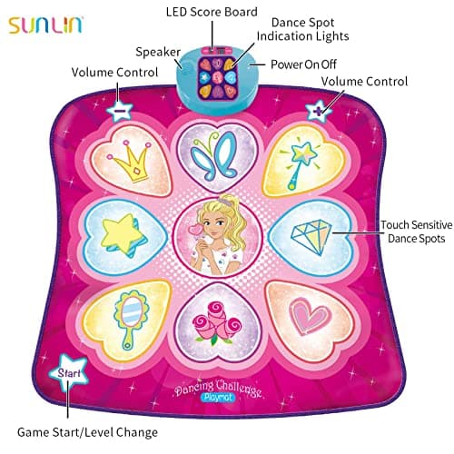 SUNLIN Dance Mat, Girls Toys Gifts for Kids Age 3-8, Dance Pad with LED Lights, Adjustable Volume, Built-in Music, 3 Challenge Levels, Christmas Birthday Gift for Girl 3-10 Years Old