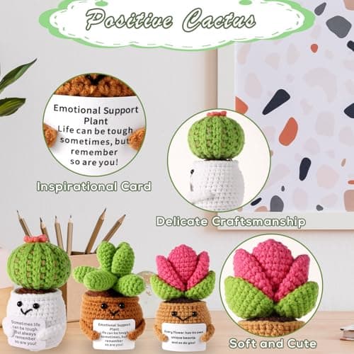 3pcs Positive Crochet Potted Plants, Positive Cactus Positive Crochet Succulent Crochet Cactus Knitted Succulent Positive Plants Crochet for Party Decoration Encouraging Gift — view 2