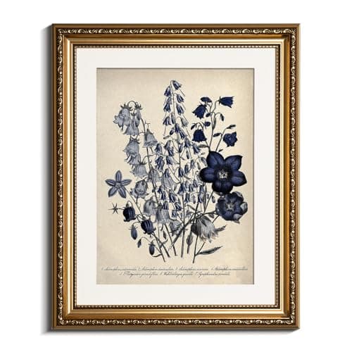 VIYYIEA Gold Framed Botanical Wall Art Decor, Blue Flower Campanula Pictures Prints, Living Room Bedroom Coastal Room Blue Floral Summer Decor, Vintage Retro Farmhouse Canvas Paintings,13x16 Inch