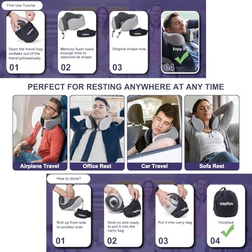 napfun Neck Pillow for Traveling, Upgraded Travel Neck Pillow for Airplane 100% Pure Memory Foam Travel Pillow for Flight Headrest Sleep, Portable Plane Accessories, Light Grey — view 4