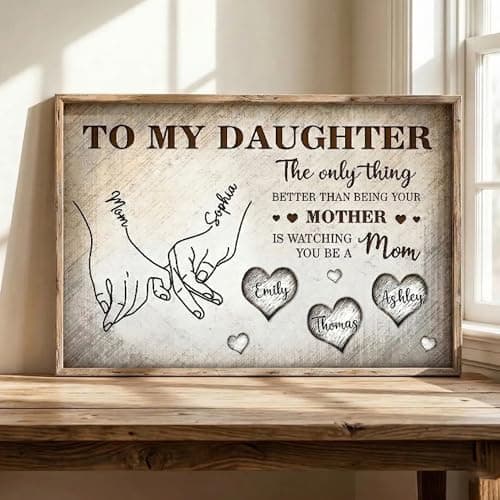 Personalized To My Daughter Wooden Wall Art from Mom – Custom Canvas Holding Hands Plaque with Kids Names, Meaningful Mother’s Day Birthday Gift for Daughter from Mom Style 1 — view 5