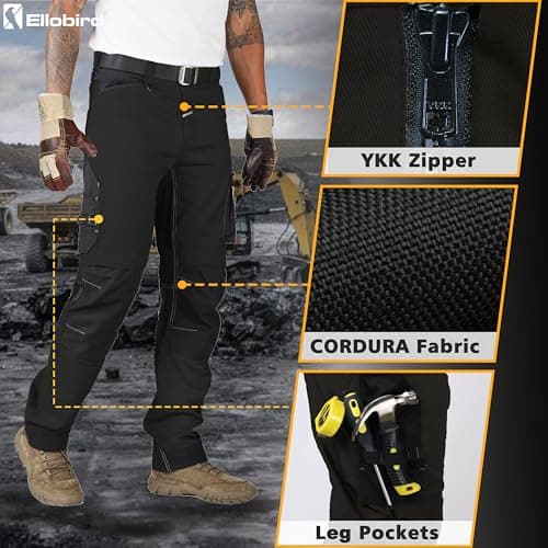 Ellobird Men's Construction Work Utility Pants Relaxed Fit Stretch Flex Cordura Double Knee Reinforcement Carpenter Cargo,(Black Knight,34W x 32L) — view 3