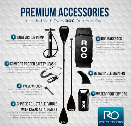 Roc Inflatable Stand Up Paddle Board 10' 6" with Premium SUP Paddle Board Accessories, Wide Stable Design, Non-Slip Comfort Deck for Youth & Adults (Black w/Kayak Seat)