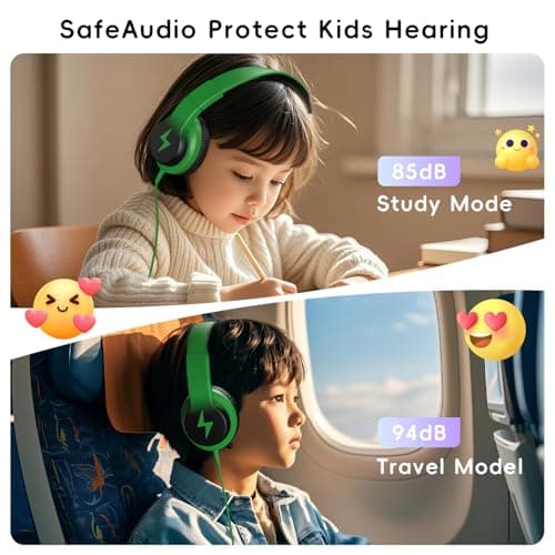 Candy Bila Kids Headphones for School, HD Mic Stereo Sound, 85/94dB Safe Volume, Foldable Wired Over Ear Headphones for Travel, Toddler, Boys, Girls, Tablet, iPad, 3.5mm Jack,Black and Green