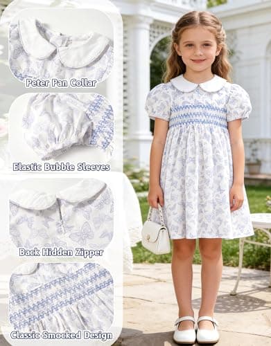 Miipat Toddler Girls Smocked Floral Dress Puff Sleeve Cotton Butterfly Print Kids Peter Pan Collar Summer Dress(BlueButterflyPrint,3-4T) — view 3