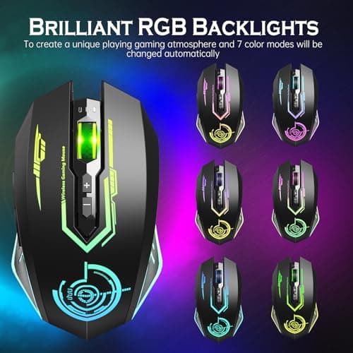 Wireless Gaming Mouse Up to 10000 DPI, UHURU Rechargeable USB Wireless Mouse with 6 Buttons 7 Changeable LED Color Ergonomic Programmable MMO RPG for PC Laptop, Compatible with Windows Mac — view 3