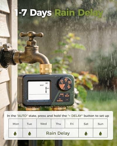 Diivoo Brass Sprinkler Timer 2 Zone, IP66 Waterproof Programmable Water Hose Timer 2 Outlet with Large Display, Rain Delay & Manual Watering for Outdoor Automatic Irrigation of Garden, Lawn, Yard — view 4