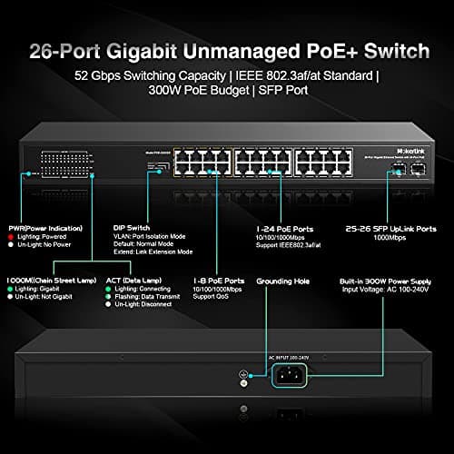MokerLink 26 Port Gigabit PoE Switch, 24 Gigabit PoE+ Ports, 2 Gigabit SFP Uplink, 300W IEEE802.3af/at, Fanless Rackmount Unmanaged Plug and Play Ethernet Switch — view 2