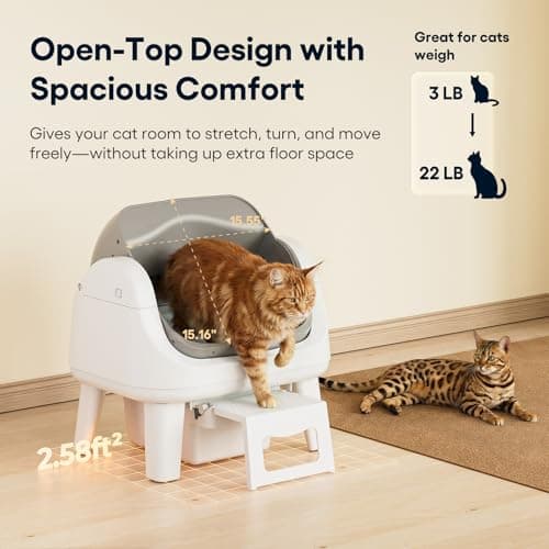 PetPivot Open Top Self Cleaning Cat Litter Box, Automatic Litter Box with 7 Pairs of Safety Sensors, Anti-Pinch Protection and Easy Access Step for Senior Cats, White Grey — view 2