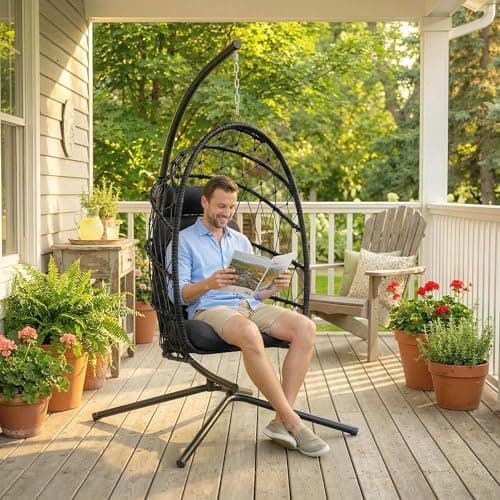 Outsunny Hanging Egg Chair with Stand, Foldable Wicker Rattan Swing Chair with Thick Cushion and Safety Rope for Patio Garden, Supports 264 lbs, Black — view 7