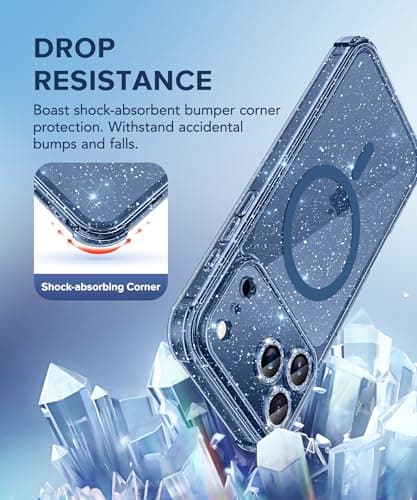 BERFY for iPhone 17 Pro Max Case for Women, Compatible with MagSafe, Clear Glitter Shockproof Protective Case, Anti-Yellowing, with Screen Protector Covers 6.9", Sparkle Blue — view 4