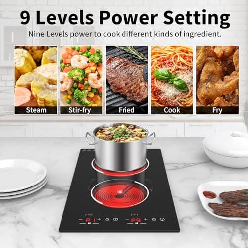 VBGK Electric Cooktop,12 Inch Built-in Radiant Electric Stove Top,110V 2100W 2 burner cooktop With 9 Heating Level, Timer & Kid Safety Lock, Sensor Touch Control 2 burner Induction Cooktop — view 6
