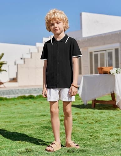 Arshiner Boys Button Down Shirt Short Sleeve Knit Shirt Summer Vintage Fashion Casual Beach Shirts for Kids 3-14 Years Black — view 5