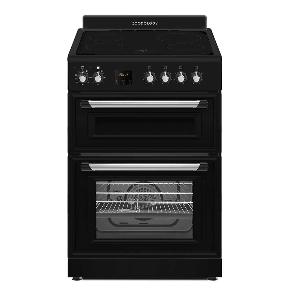 Cookology RETDO600BK Freestanding 60cm Wide, Retro Double Cavity Grill Oven Cooker with Ceramic 4 Zone Hob and Analogue Dials - in Black