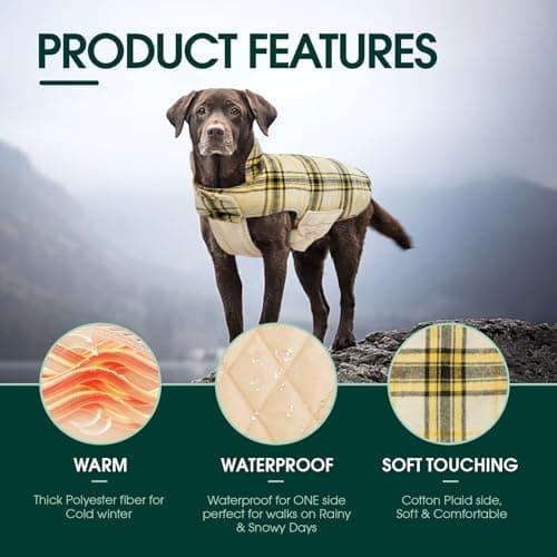Kuoser Waterproof Dog Coat, Reversible Dog Jacket for Large Dogs, Adjustable Durable Doggie Winter Coat for Groowing Puppies Warm Puppy Cold Weather Apparel, Yellow S — view 2