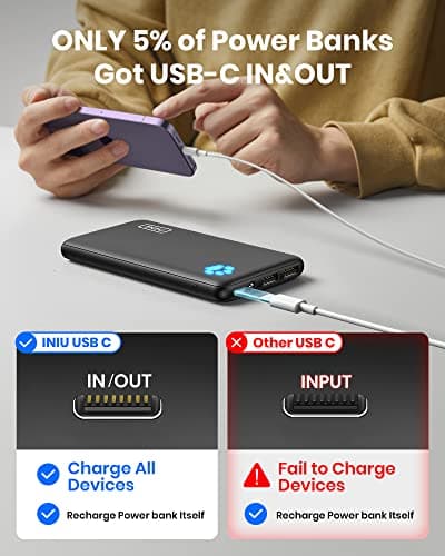 INIU Power Bank, Slimmest 10000mAh Portable Charger, Triple 3A High-Speed Charge External Battery Pack with Flashlight, USB C Phone Charger for iPhone 17 16 15 14 13 Samsung S22 Google LG iPad etc — view 4