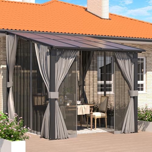 U-MAX 8' X 8' Gazebo for Patio, Small Wall-Mounted Lean to Pergola 8x8 Gazebo with Curtains and Netting, Hard Top Gazebos on Clearance for Lawn Backyard Garden Deck