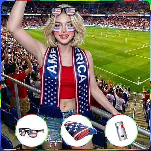 Soccer Fan Gear Set for 2026 World Tournament, Soccer Party Favors Kit with Flag,Scarf, Face Paint, Clapper, Horn&Glasses,Supporter Accessories for Game Day, Sports Event, Gift (Blue-USA) — view 2