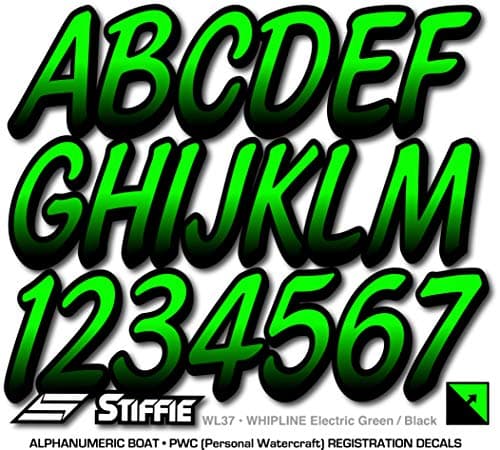 STIFFIE Whipline Electric Green/Black 3" Alpha-Numeric Registration Identification Numbers Stickers Decals for Boats & Personal Watercraft — view 3