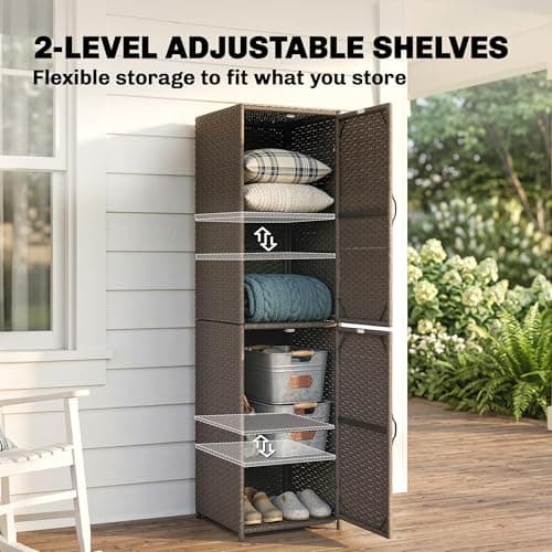 Outsunny Wicker Outdoor Storage Cabinet, 4 Shelf Patio Storage Cabinet with Adjustable Shelves, Magnetic Doors, PE Rattan Tall Towel Rack Outdoor for Pool Garden Yard, Brown — view 3