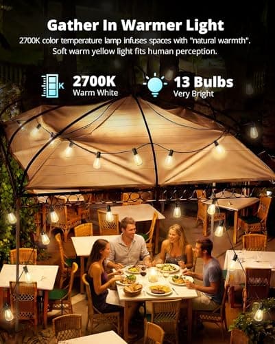 VIPAR Outdoor String Lights 30FT LED Patio Lights Waterproof with 14 Shatterproof ST38 Edison Bulbs Outside Hanging Light Dimmable Connectable for Porch, Deck, Garden, Backyard, Balcony, Decor, 2700K — view 3